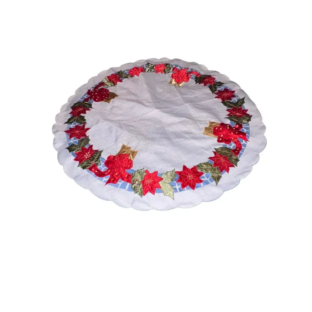 Poinsettia Holly Glitter Candle 33 inch Round Holiday Christmas Table‎ Cloth
